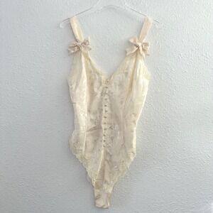 Victorias Secret Vintage Gold Label Teddy Bodysuit Large Cream Satin Jacquard